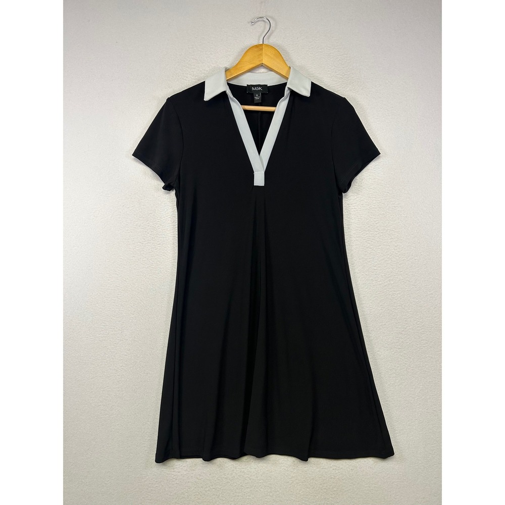 Preppy Mod MSK Women S Black White Contrast Collar V-Neck Short Slv Shift Dress